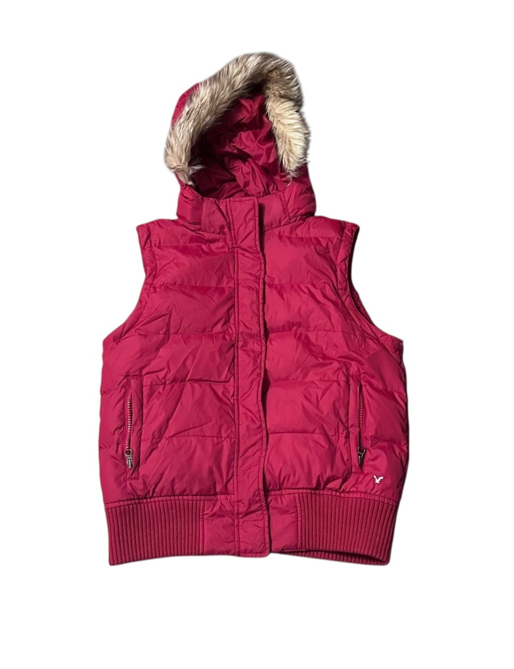 Y2K American Eagle Red Puffer Vest Faux Fur Hood Women’s Small Minimum 90% Down